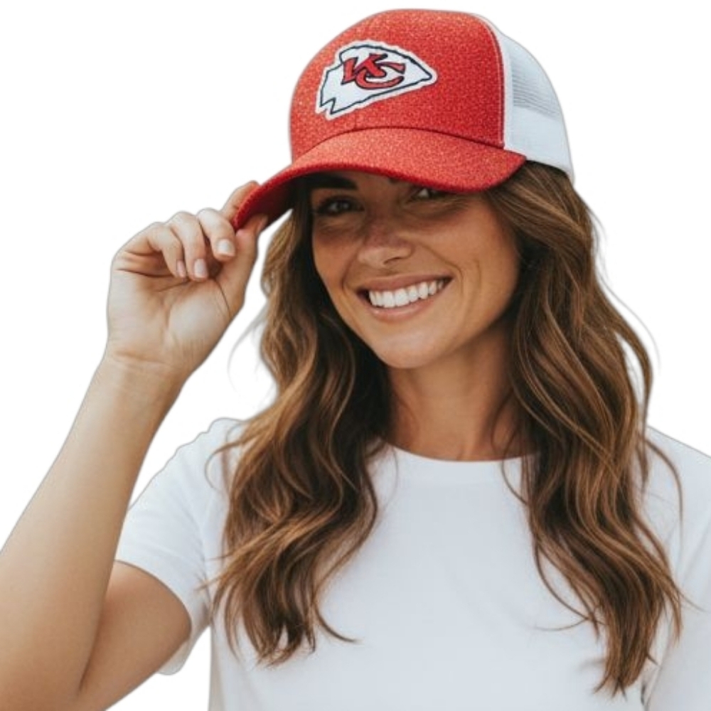 2FOR$30 - KC Chiefs Red Sparkle Snap Mesh Trucker Hat Cap - Picture 3 of 3